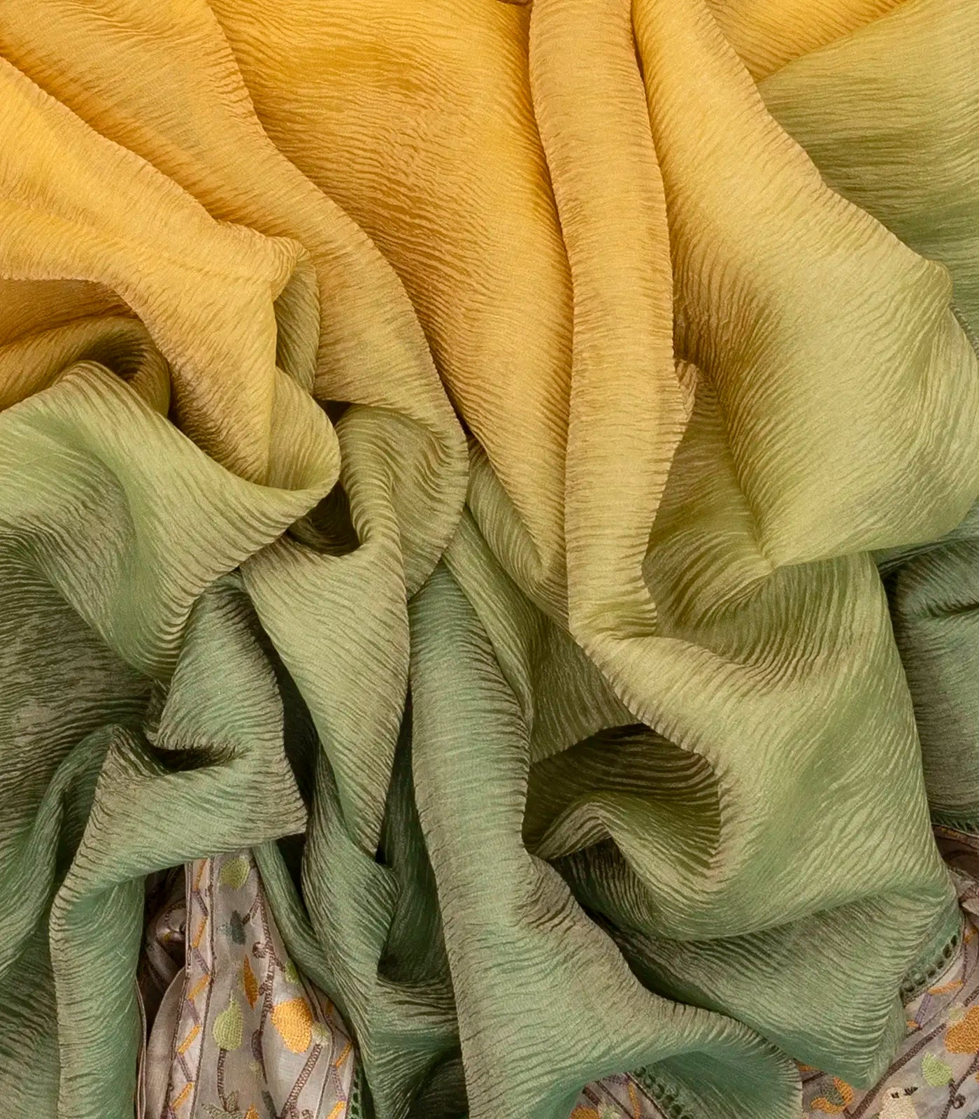 Green & Mustard Banarasi Crushed Tissue Saree With Embroidered Motifs