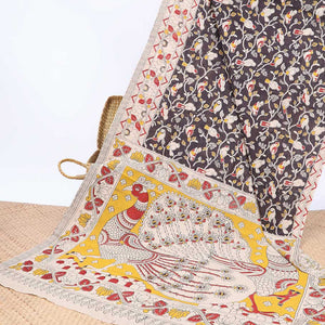 Brown floral & bird machine-printed kalamkari cotton saree, contrast floral & chevron border & peacock pallu