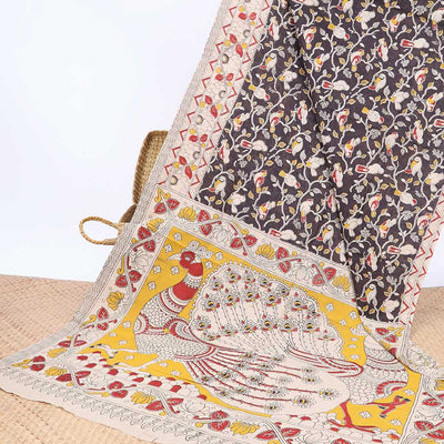 Brown floral & bird machine-printed kalamkari cotton saree, contrast floral & chevron border & peacock pallu