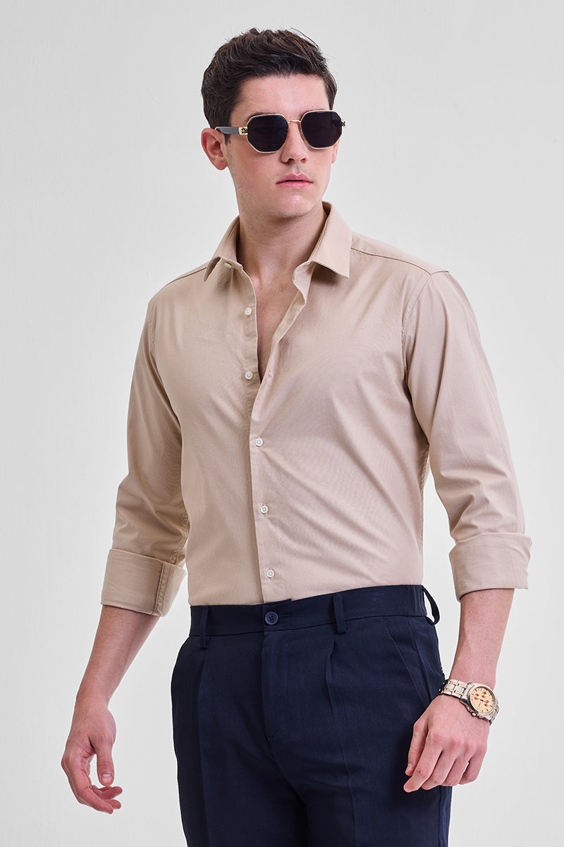 Beige Stretchable Slim Fit Shirt