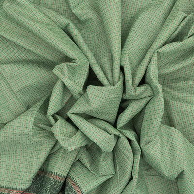 Shadow Green Handloom Kanchi Cotton Saree With Checks & Square Motifs.