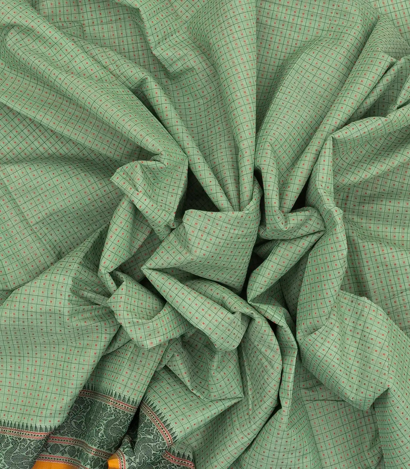 Shadow Green Handloom Kanchi Cotton Saree With Checks & Square Motifs.