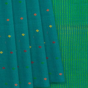 Teal Handwoven Tussar Silk Saree With Diamond Butta & Stripped Pallu-Teal