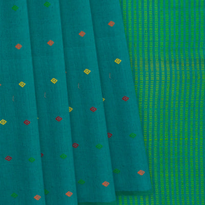 Teal Handwoven Tussar Silk Saree With Diamond Butta & Stripped Pallu-Teal