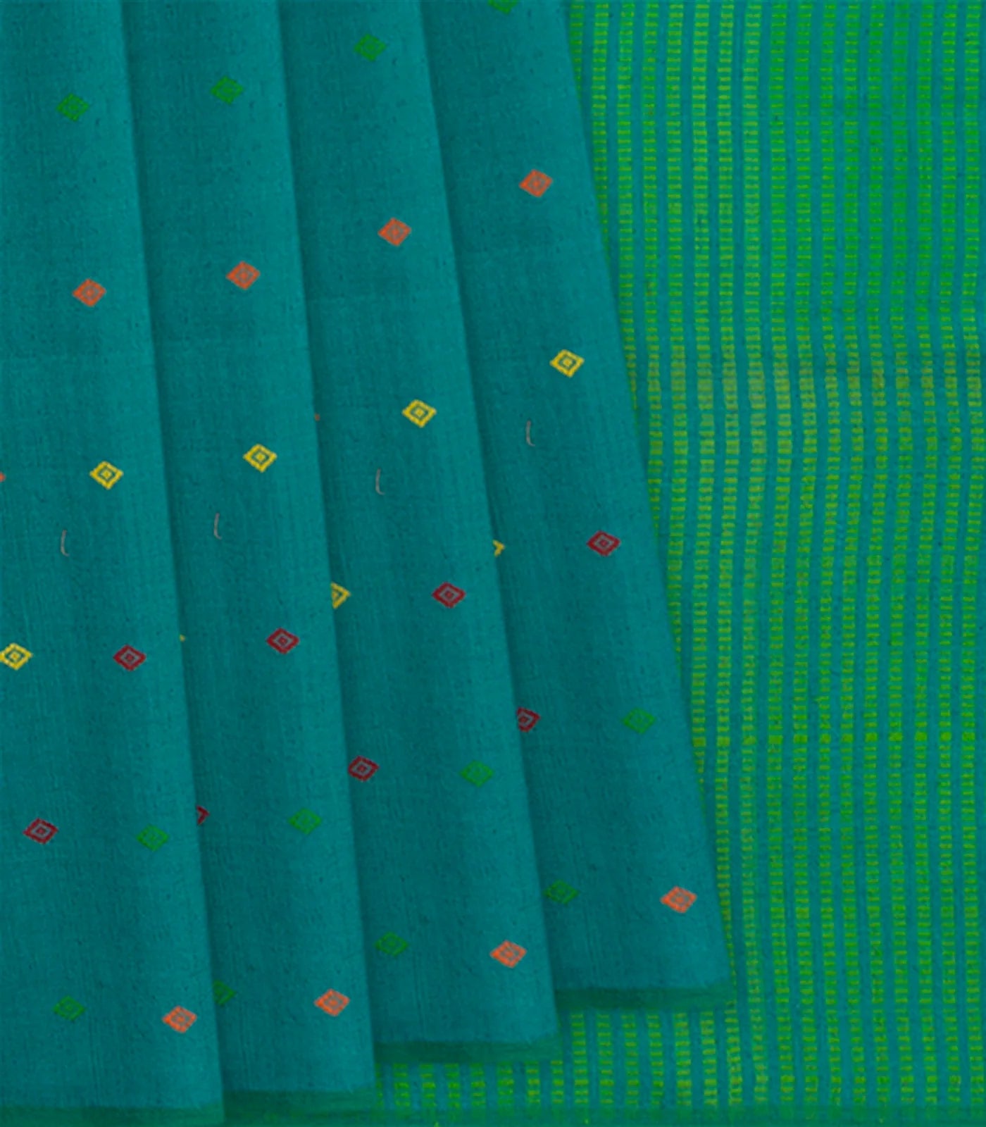 Teal Handwoven Tussar Silk Saree With Diamond Butta & Stripped Pallu-Teal