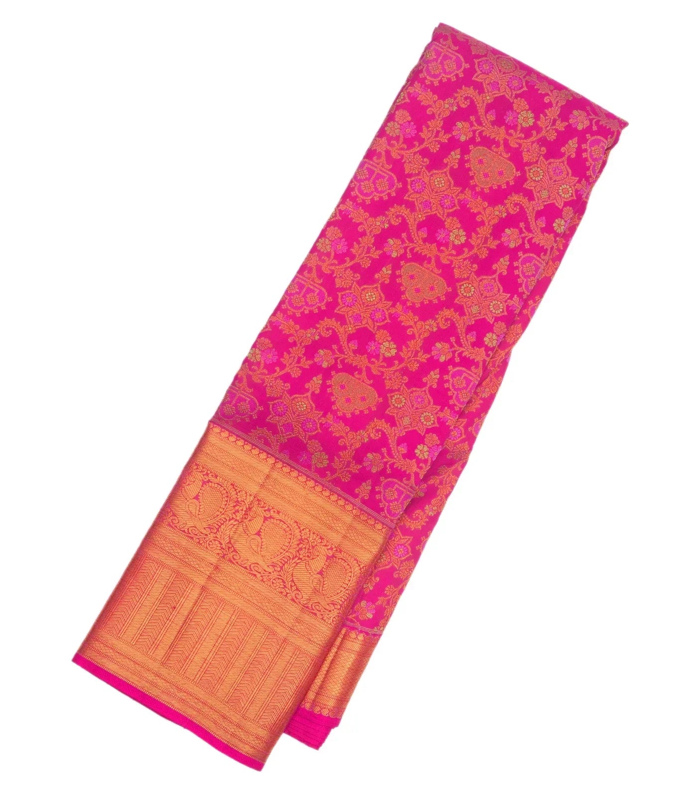 Hot Pink Handloom Kanchipuram Silk Saree With Meena Floral Motifs