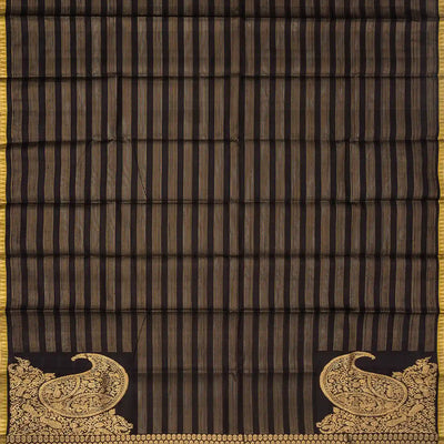 Black Handloom Kanchipuram Silk Saree With Stripes & Konia Butta
