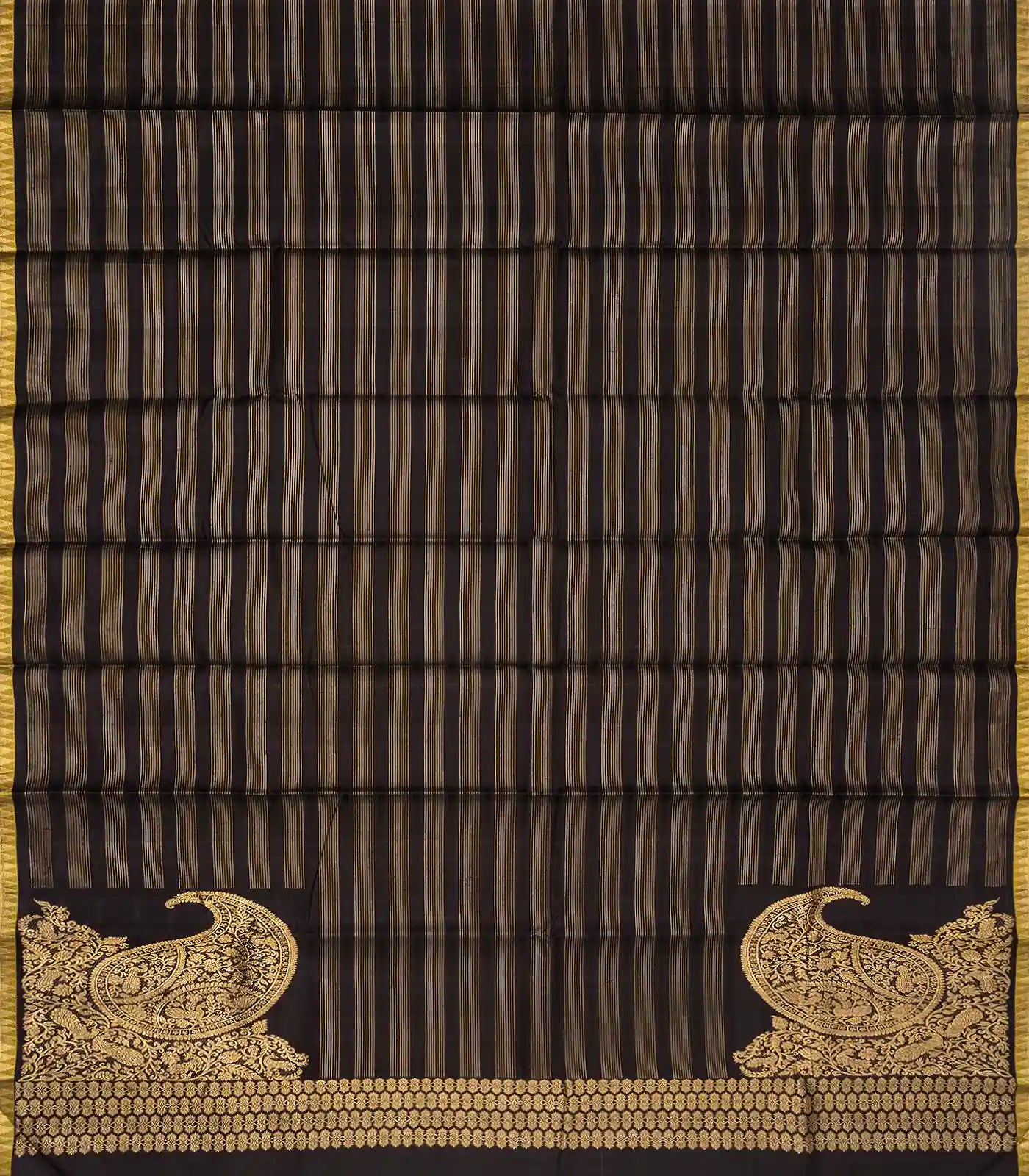 Black Handloom Kanchipuram Silk Saree With Stripes & Konia Butta