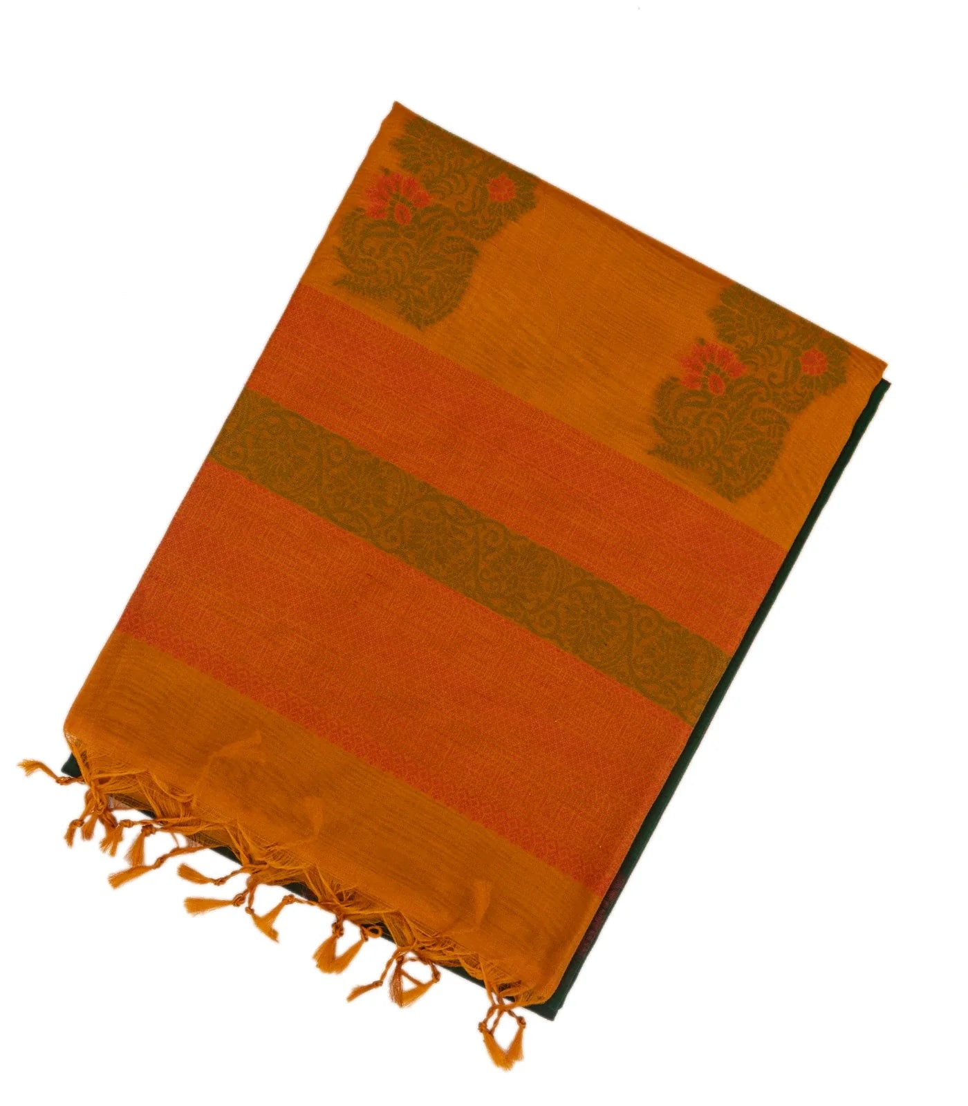 Green Handloom Kora Silk Cotton Saree With Floral Motifs