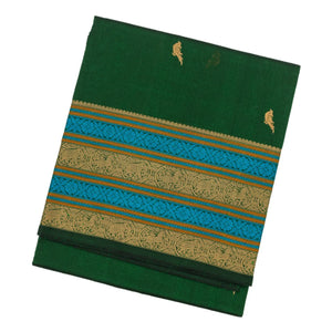Dark Green Handloom Silk Cotton Saree With Parrot Buttas