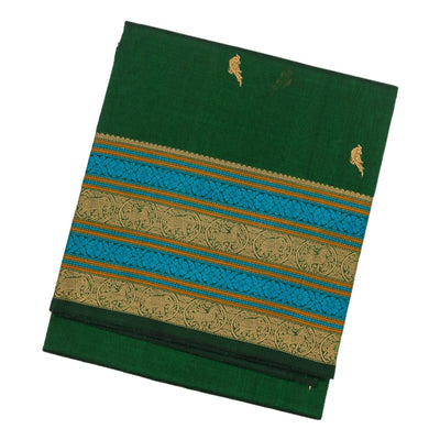 Dark Green Handloom Silk Cotton Saree With Parrot Buttas