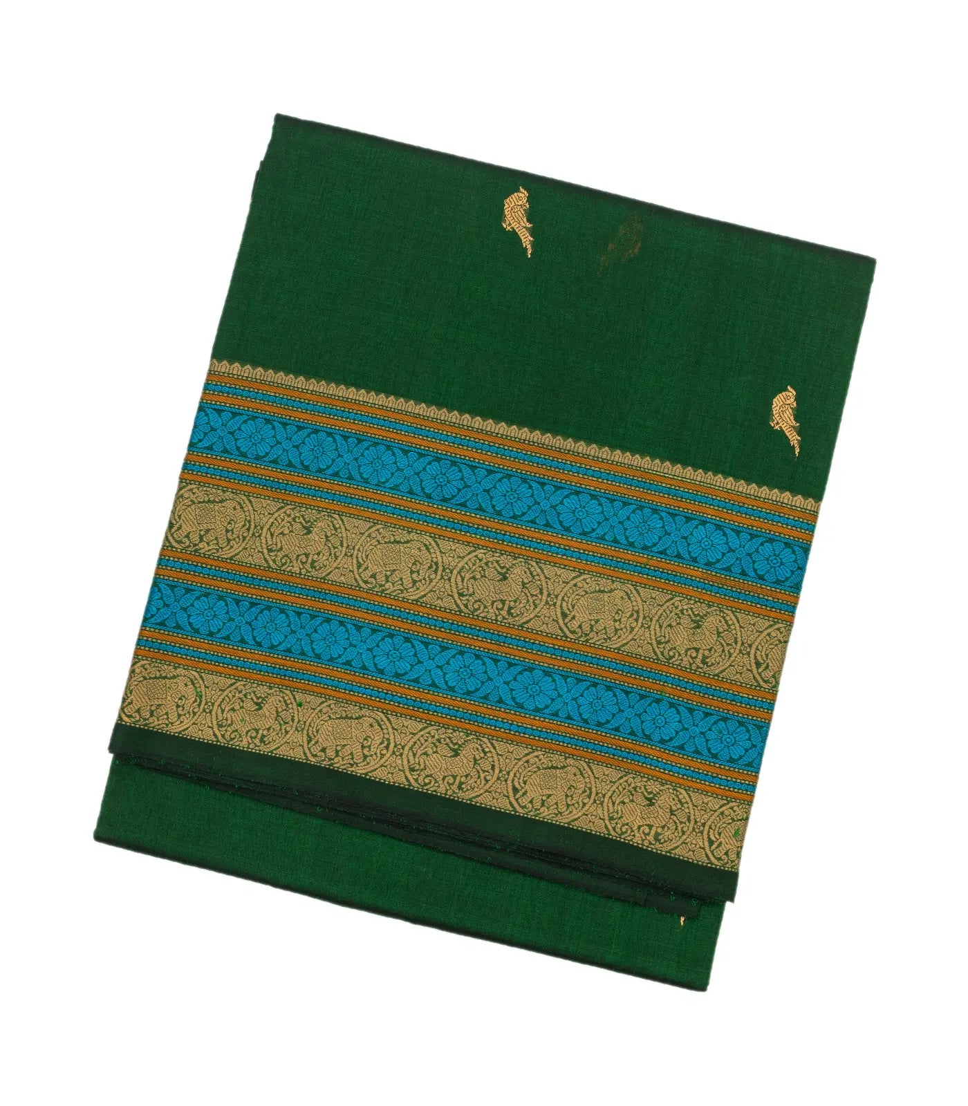 Dark Green Handloom Silk Cotton Saree With Parrot Buttas