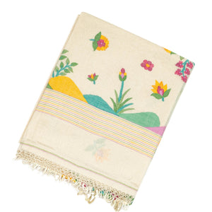 Off White Handloom Bengal Cotton Saree With Floral Meenakari Motifs in Border and Tree of Life Woven in the Jamdani Technique