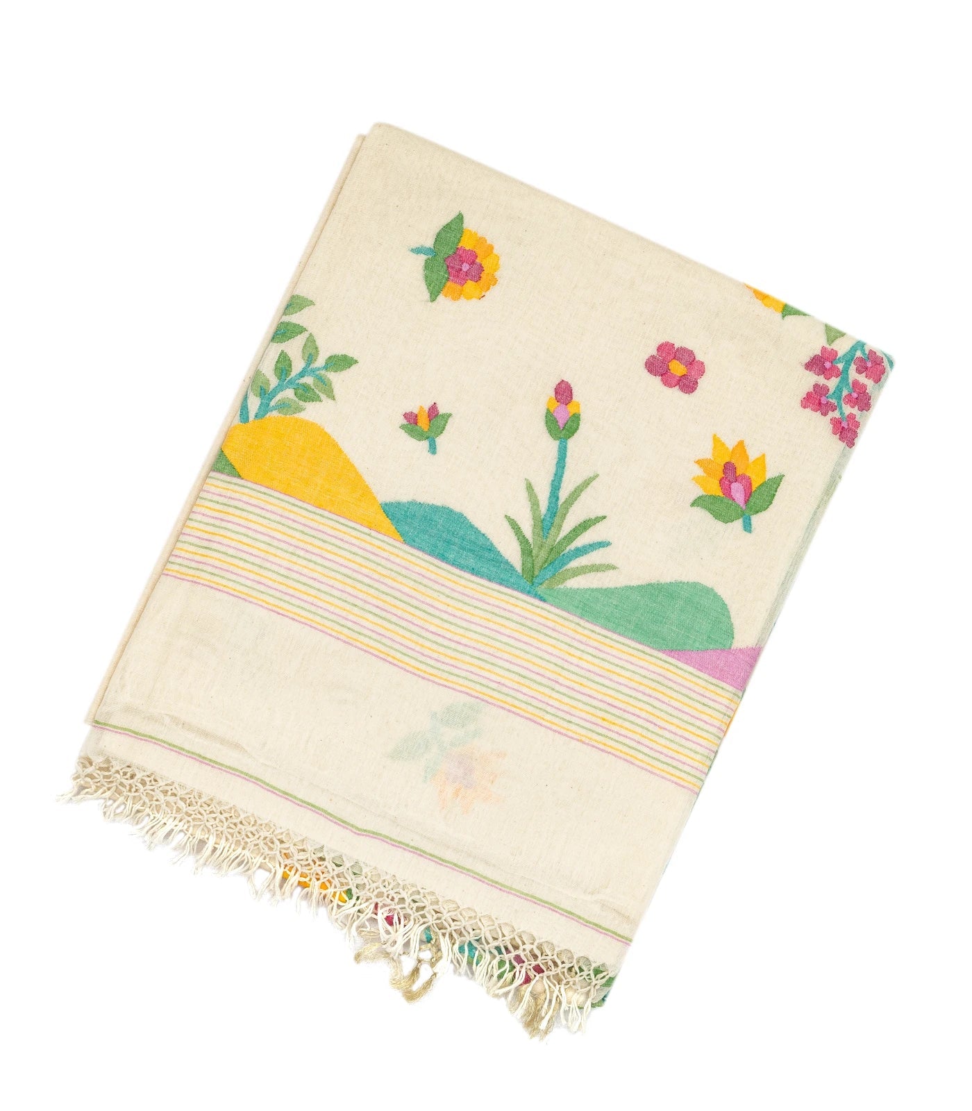 Off White Handloom Bengal Cotton Saree With Floral Meenakari Motifs in Border and Tree of Life Woven in the Jamdani Technique
