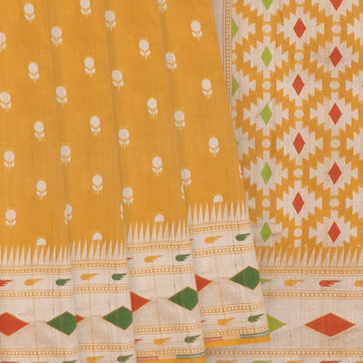 Mustard Handloom Tussar Silk Saree With Meena Border-Mustard