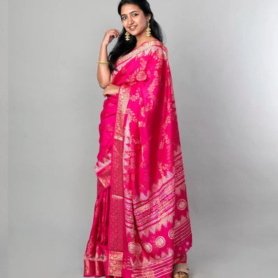 Hot Pink Woven Dola Synthetic Saree With Floral Motifs