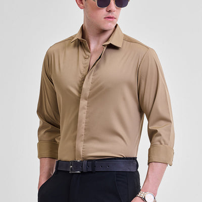 Light Brown Solid Concealed Placket Shirt