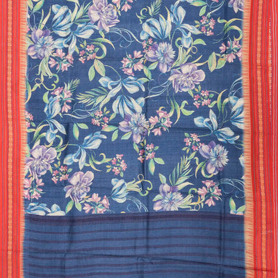 Indigo Handloom Tussar Silk Saree Printed With Floral Motifs