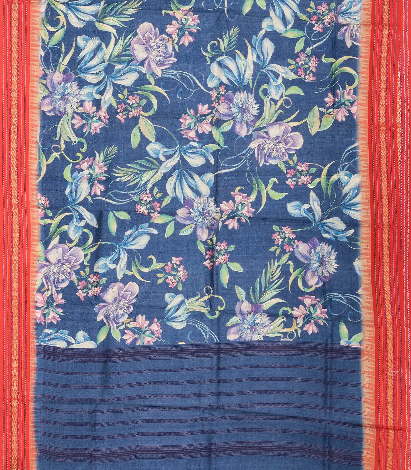 Indigo Handloom Tussar Silk Saree Printed With Floral Motifs