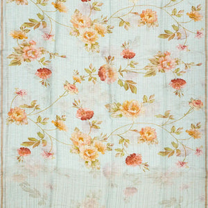 Turquoise Handloom Linen Saree With Printed Floral Motifs & Stripes