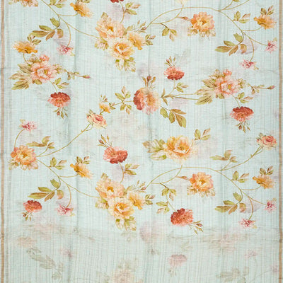 Turquoise Handloom Linen Saree With Printed Floral Motifs & Stripes