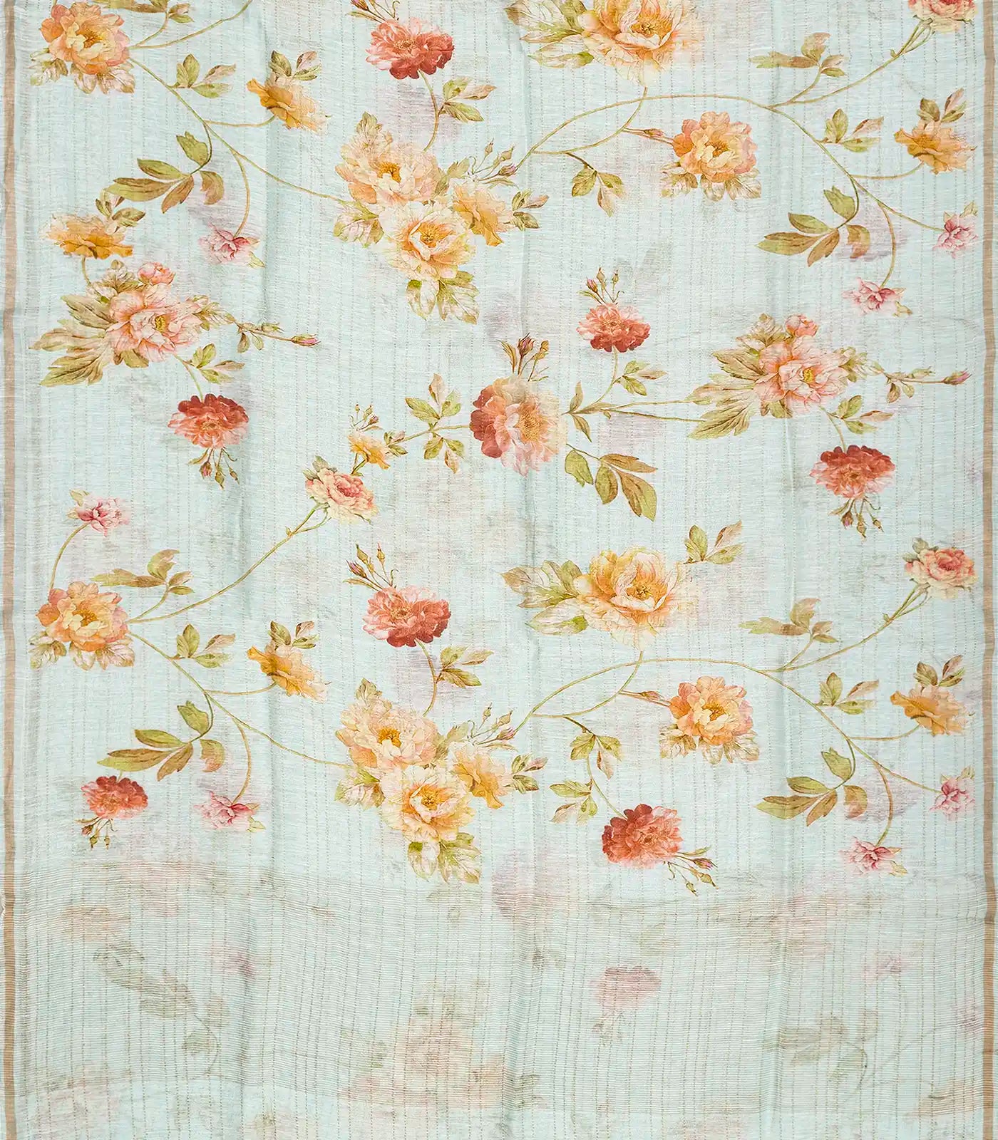 Turquoise Handloom Linen Saree With Printed Floral Motifs & Stripes