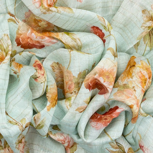 Turquoise Handloom Linen Saree With Printed Floral Motifs & Stripes