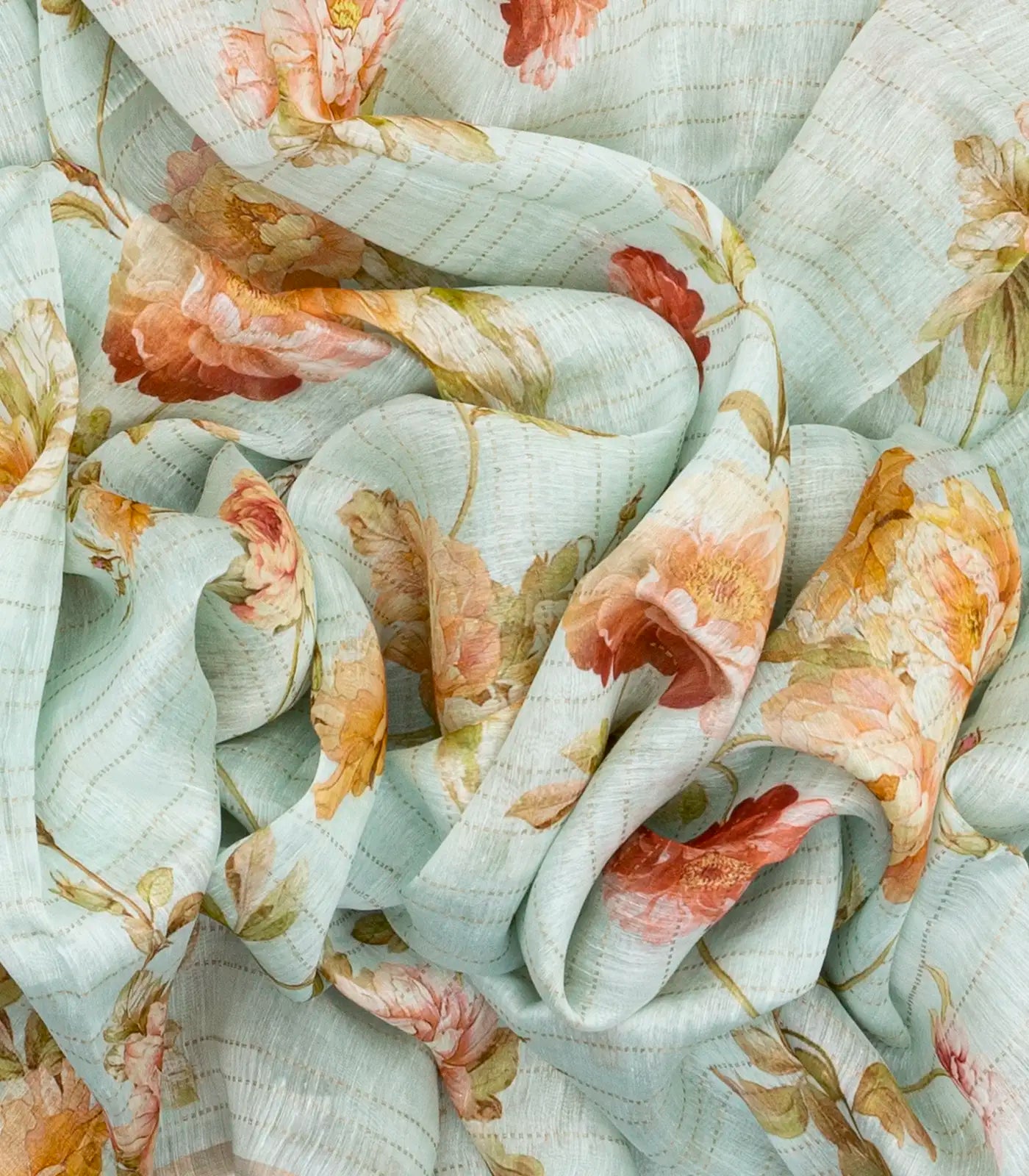 Turquoise Handloom Linen Saree With Printed Floral Motifs & Stripes