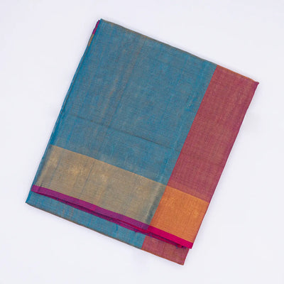 Blue Handloom Uppada Plain Silk Saree With Pink Border