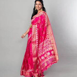 Hot Pink Woven Dola Synthetic Saree With Floral Motifs