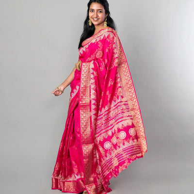Hot Pink Woven Dola Synthetic Saree With Floral Motifs