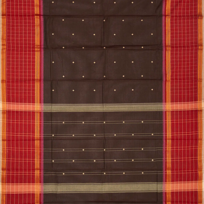 Dark Brown Chettinad Cotton Saree With Diamond Buttas