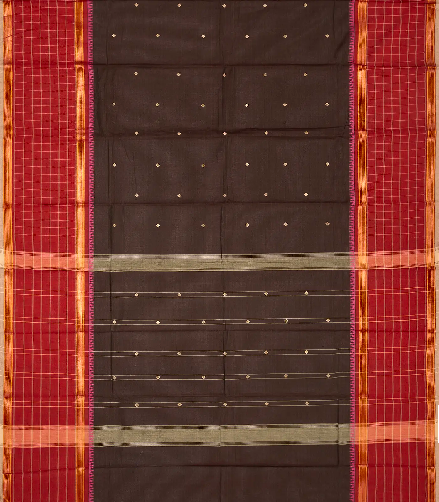 Dark Brown Chettinad Cotton Saree With Diamond Buttas