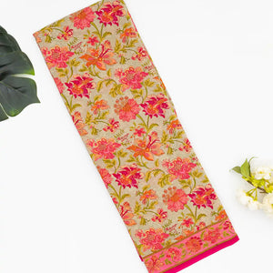 Beige Woven Digital Printed Crepe Silk Saree With Floral Motifs