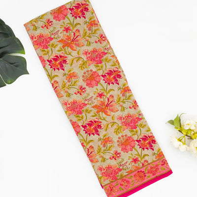 Beige Woven Digital Printed Crepe Silk Saree With Floral Motifs