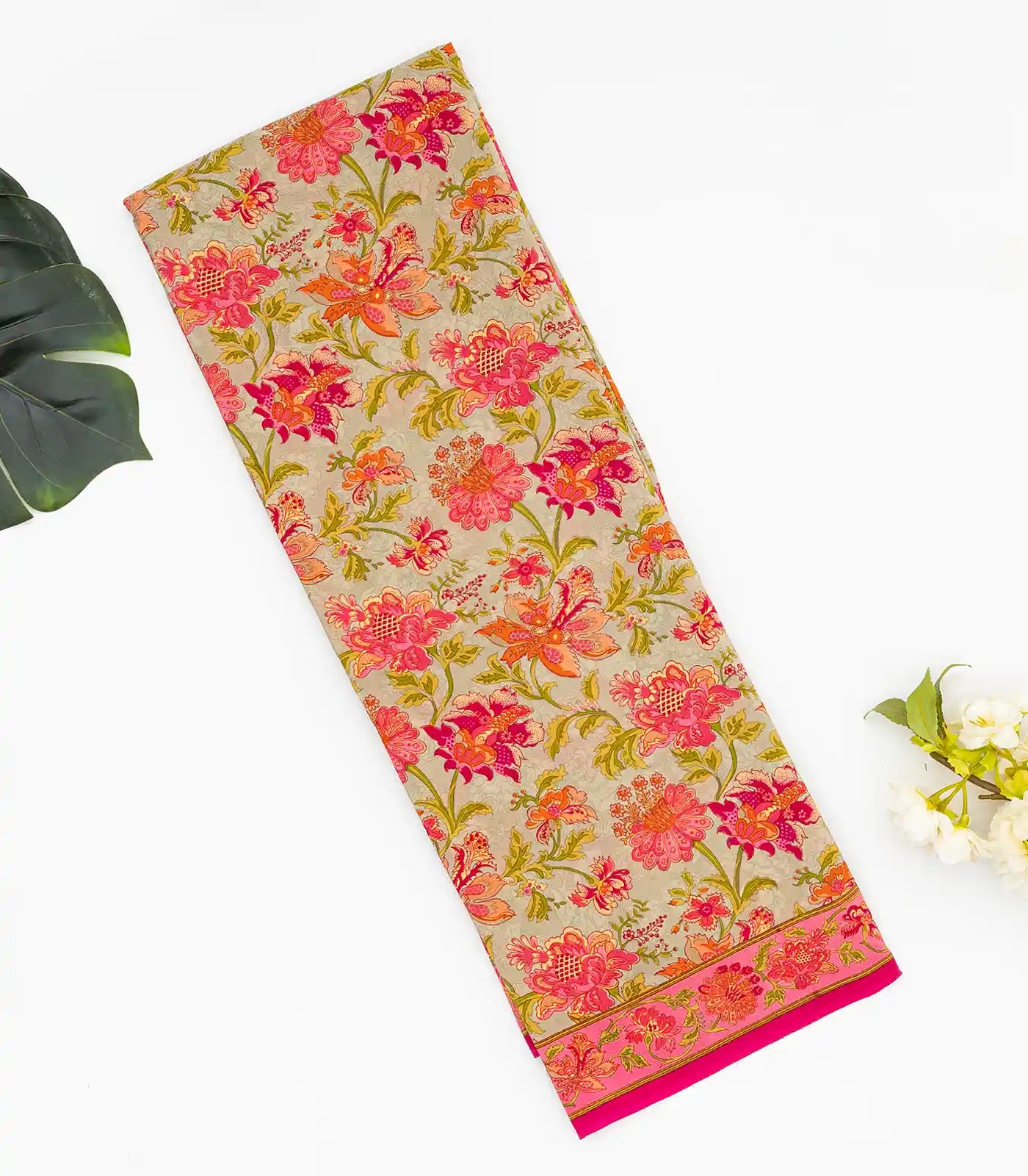 Beige Woven Digital Printed Crepe Silk Saree With Floral Motifs