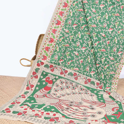 Green floral & bird machine-printed kalamkari cotton saree, contrast floral & chevron border & peacock pallu