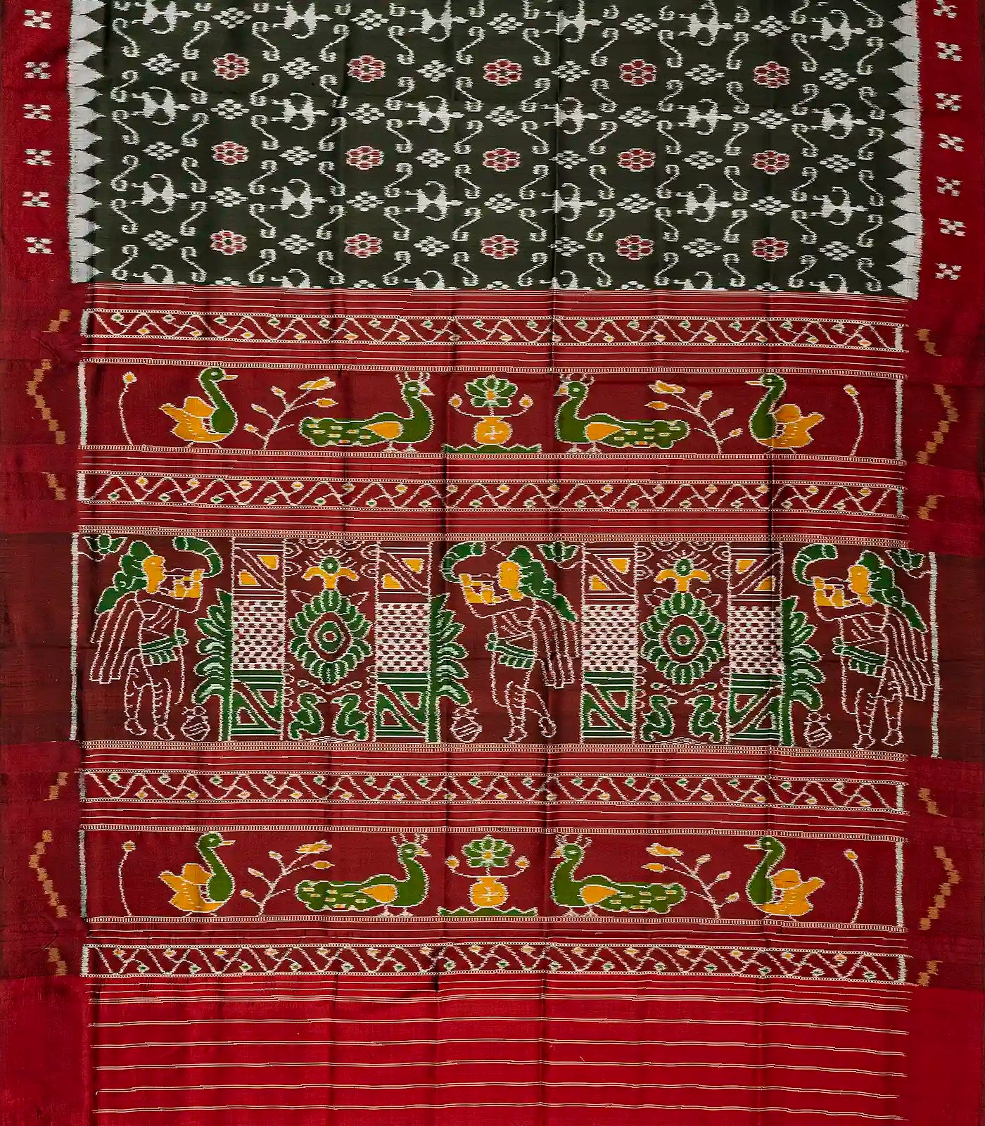 Black Handloom Orissa Silk Saree With Tie & Dye Bird Motifs