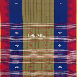 Kotpad Natural Dye Odisha Handloom Saree (Moss Green and Blue with Red Border)