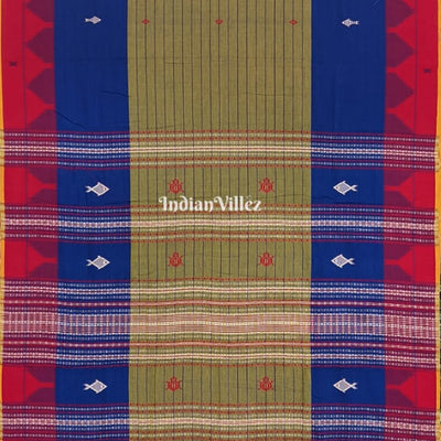Kotpad Natural Dye Odisha Handloom Saree (Moss Green and Blue with Red Border)