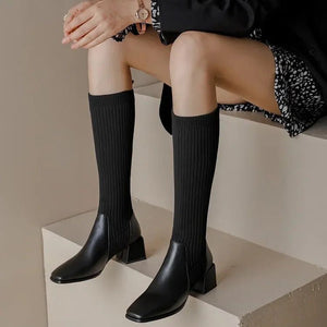 Lia Knee High Trendy Sock Leather Boots