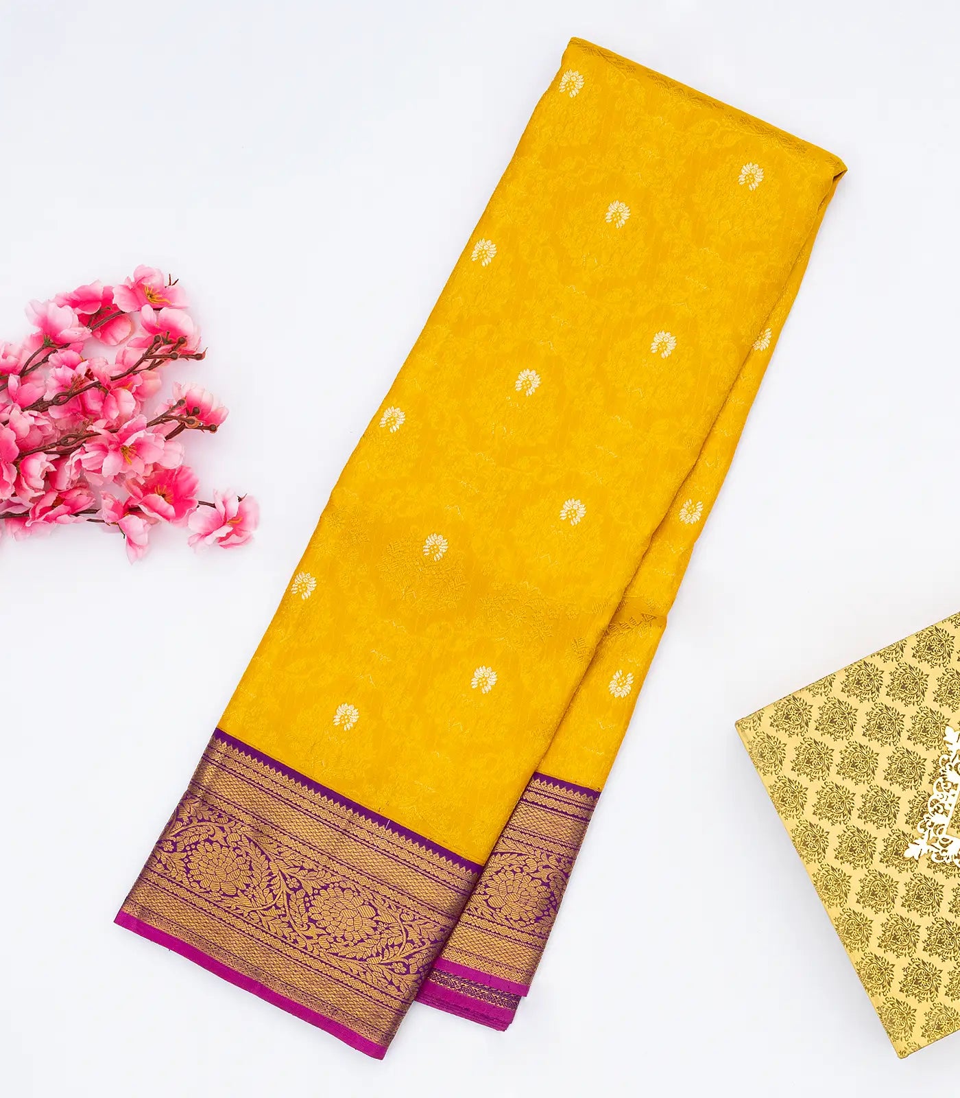 Yellow Handloom Kanchipuram Korvai Silk Saree With Floral Motifs & Contrast Magenta Border