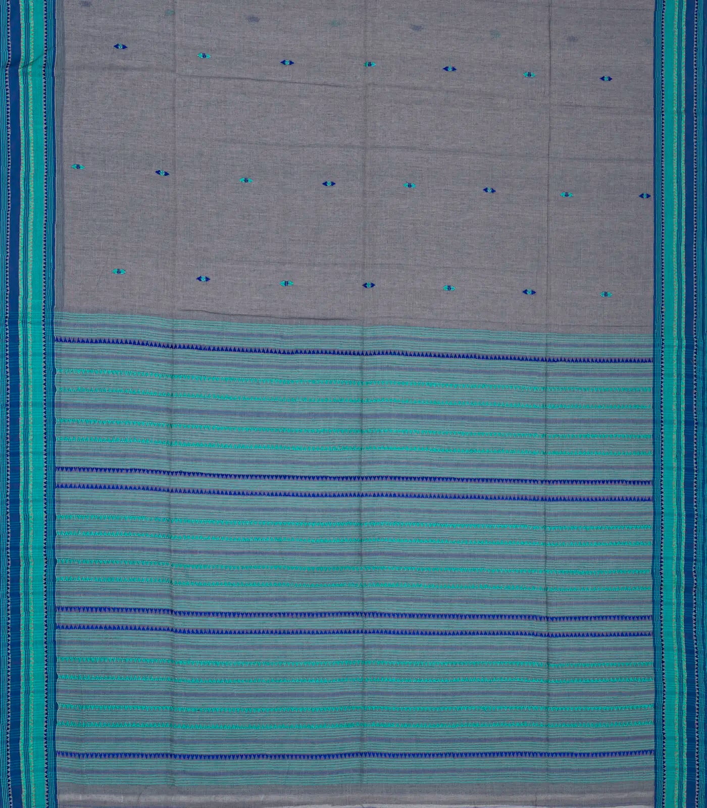 Grey Handloom Bengal Cotton Saree With Blue Border