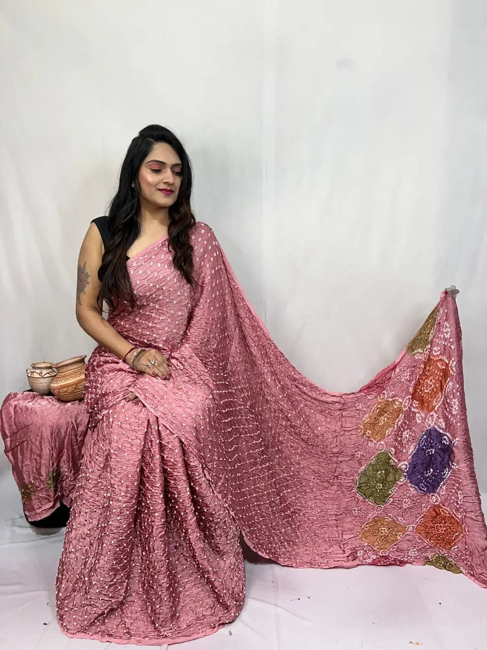 Pure Modal Silk Barik Bandhej Lagdi Pallu Bandhani Saree
