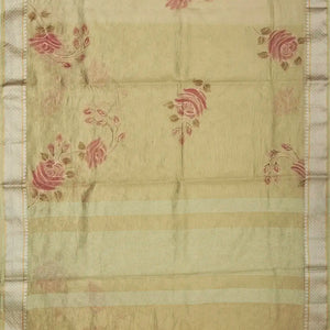 Gold Banarasi Crushed Tissue Saree With Hand painted Floral Motifs