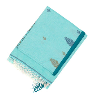 Turquoise Bengal Cotton Saree With Flower Buttas