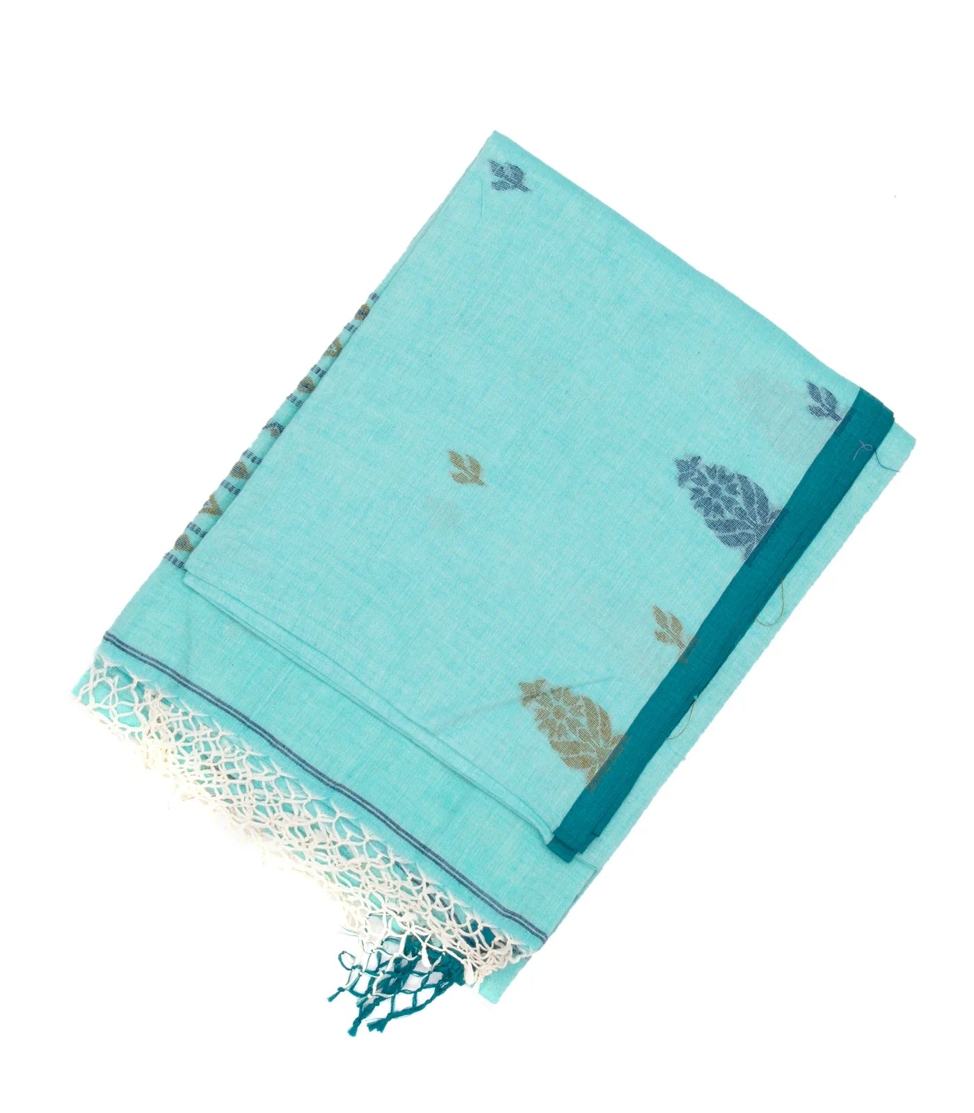 Turquoise Bengal Cotton Saree With Flower Buttas