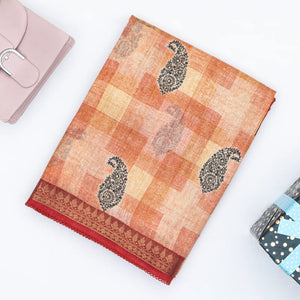 Peach Handloom Tussar Silk Saree Printed With Checks & Mango Motifs