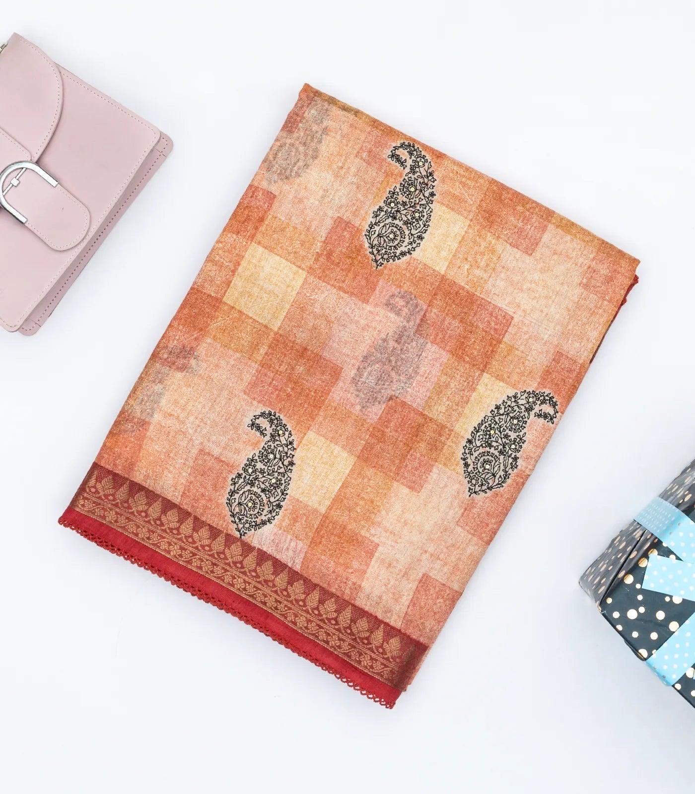 Peach Handloom Tussar Silk Saree Printed With Checks & Mango Motifs