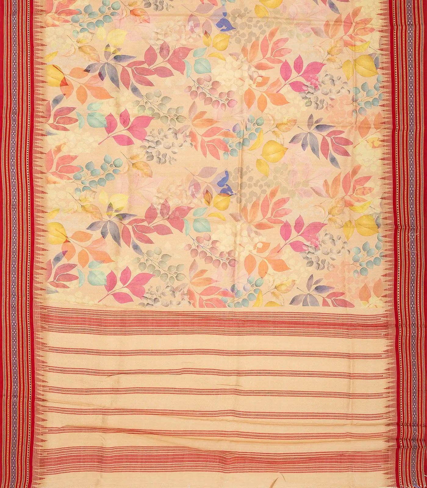 Beige Handloom Tussar Silk Saree Printed With Floral Motifs